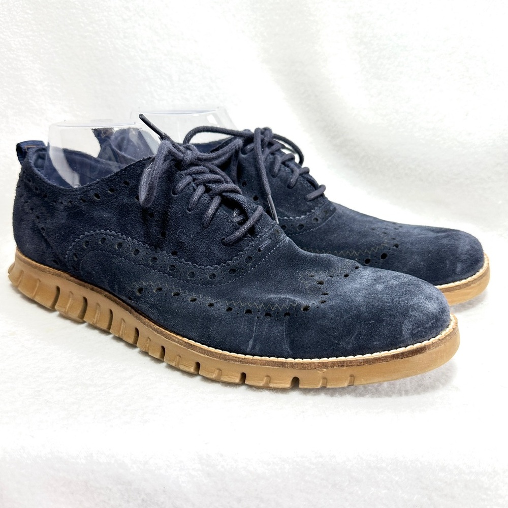 Cole Haan ZeroGrand Oxford Shoes Men's 10M Blue Suede Wingtip Tan Soles C26221